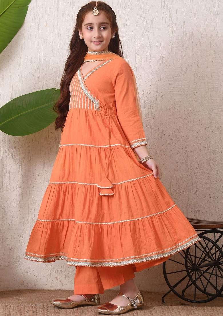 Orange Solid Cotton Kurta Set For Girls - Indya