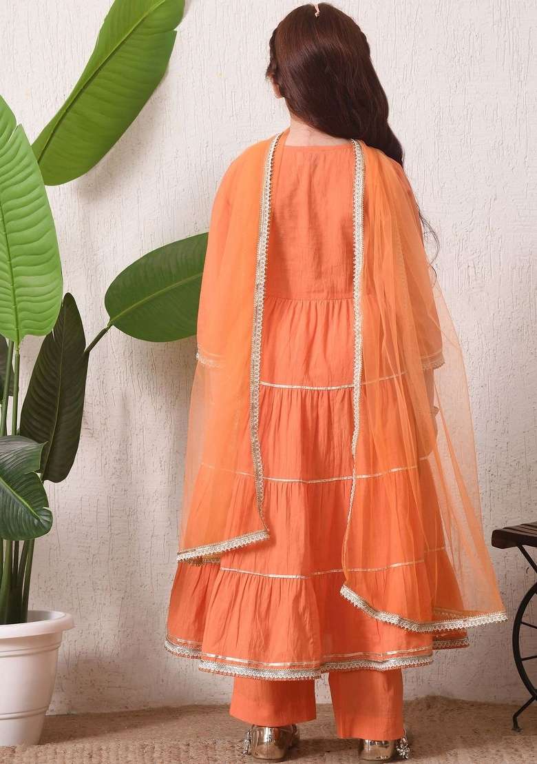 Orange Solid Cotton Kurta Set For Girls - Indya
