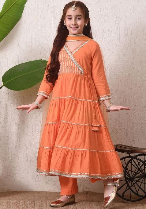 Orange Solid Cotton Kurta Set For Girls