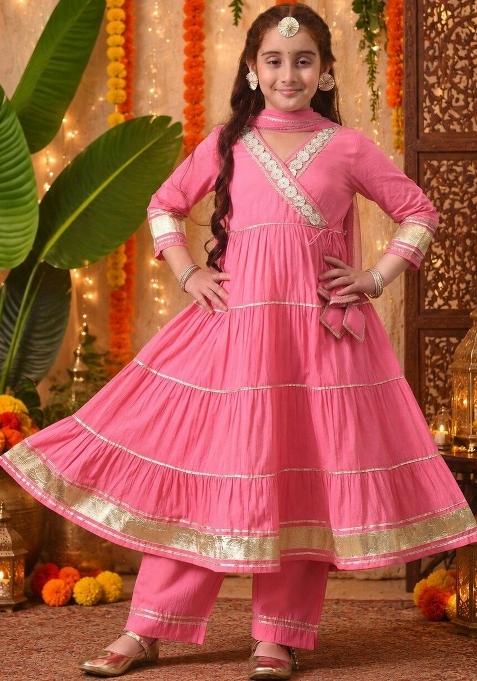 Pink Solid Cotton Kurta Set For Girls