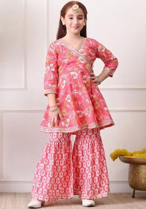 Pink Floral Cotton Sharara Set For Girls