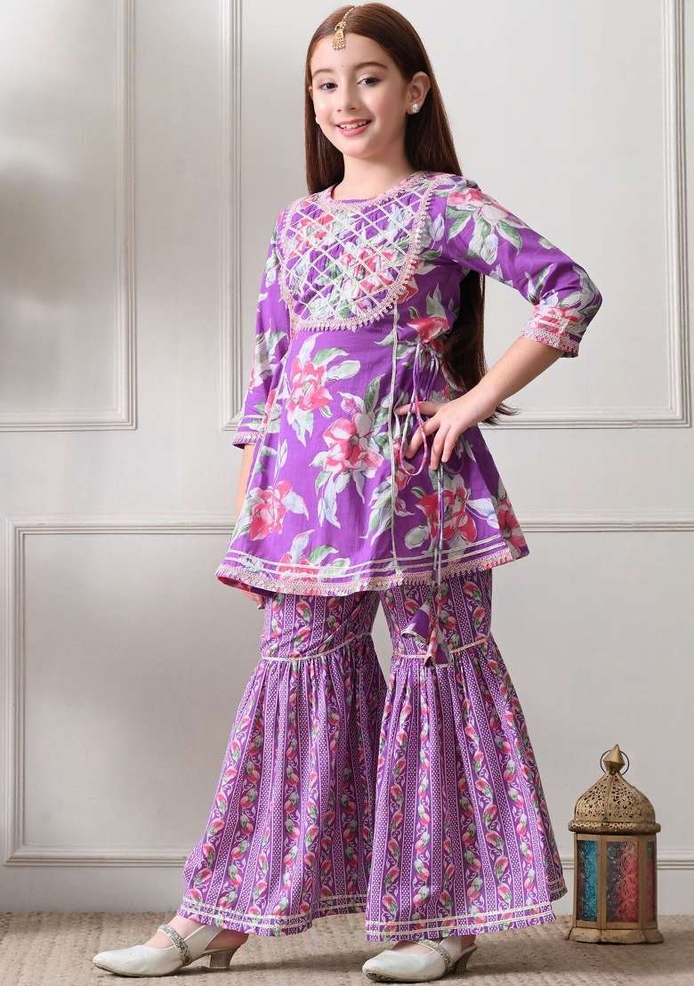 Purple Floral Cotton Sharara Set For Girls - Indya