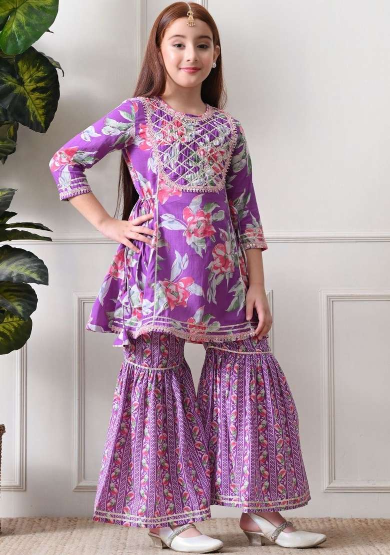 Purple Floral Cotton Sharara Set For Girls - Indya