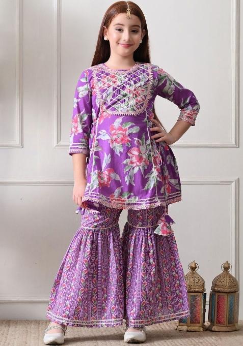 Purple Floral Cotton Sharara Set For Girls