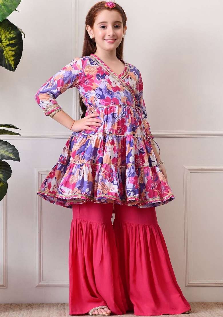 Multicolor Floral Cotton Sharara Set For Girls - Indya