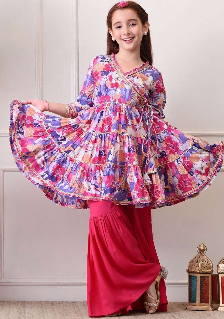 Multicolor Floral Cotton Sharara Set For Girls - Indya