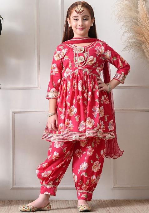 Red Floral Cotton Kurta Set For Girls