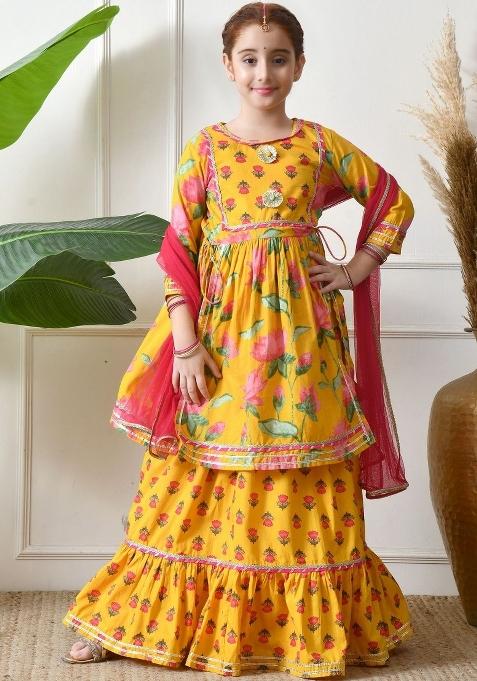 Yellow Floral Cotton Skirt Set For Girls