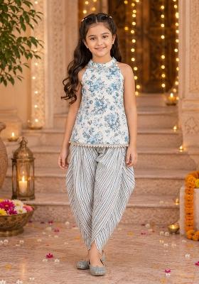 Off White Printed Cotton Ethnic Set For Girls