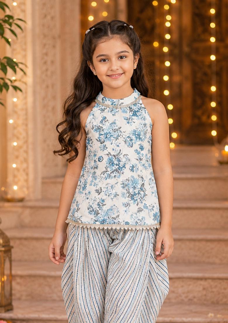 Off White Printed Cotton Ethnic Set For Girls - Indya