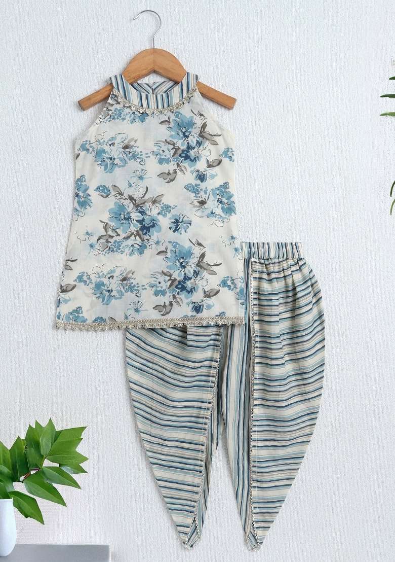 Off White Printed Cotton Ethnic Set For Girls - Indya
