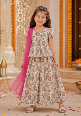 Off White Printed Polyester Ethnic Set For Girls