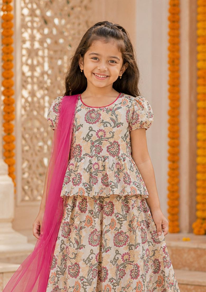 Off White Printed Polyester Ethnic Set For Girls - Indya