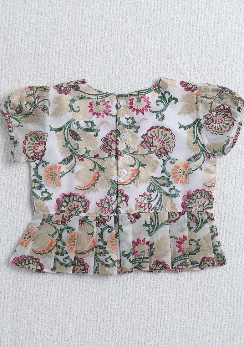 Off White Printed Polyester Ethnic Set For Girls - Indya