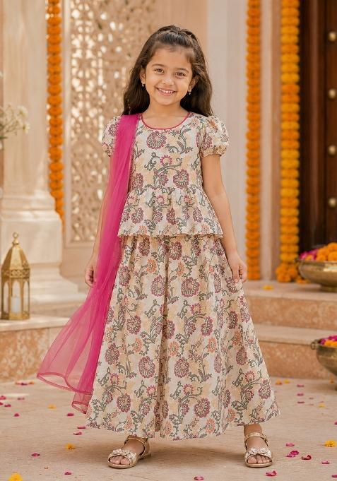 Off White Printed Polyester Ethnic Set For Girls