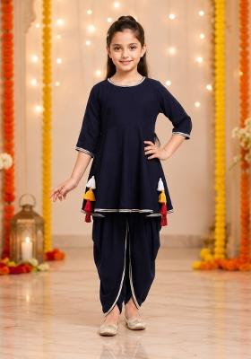 Navy Blue Solid Rayon Ethnic Set For Girls
