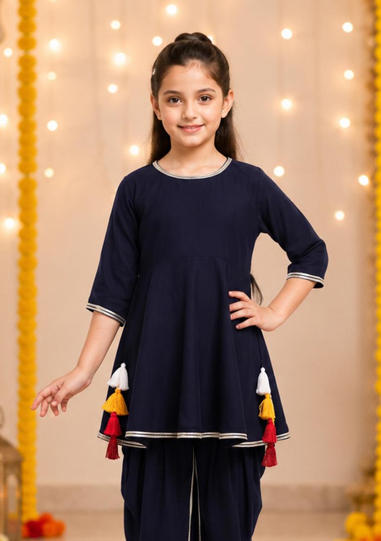 Navy Blue Solid Rayon Ethnic Set For Girls - Indya