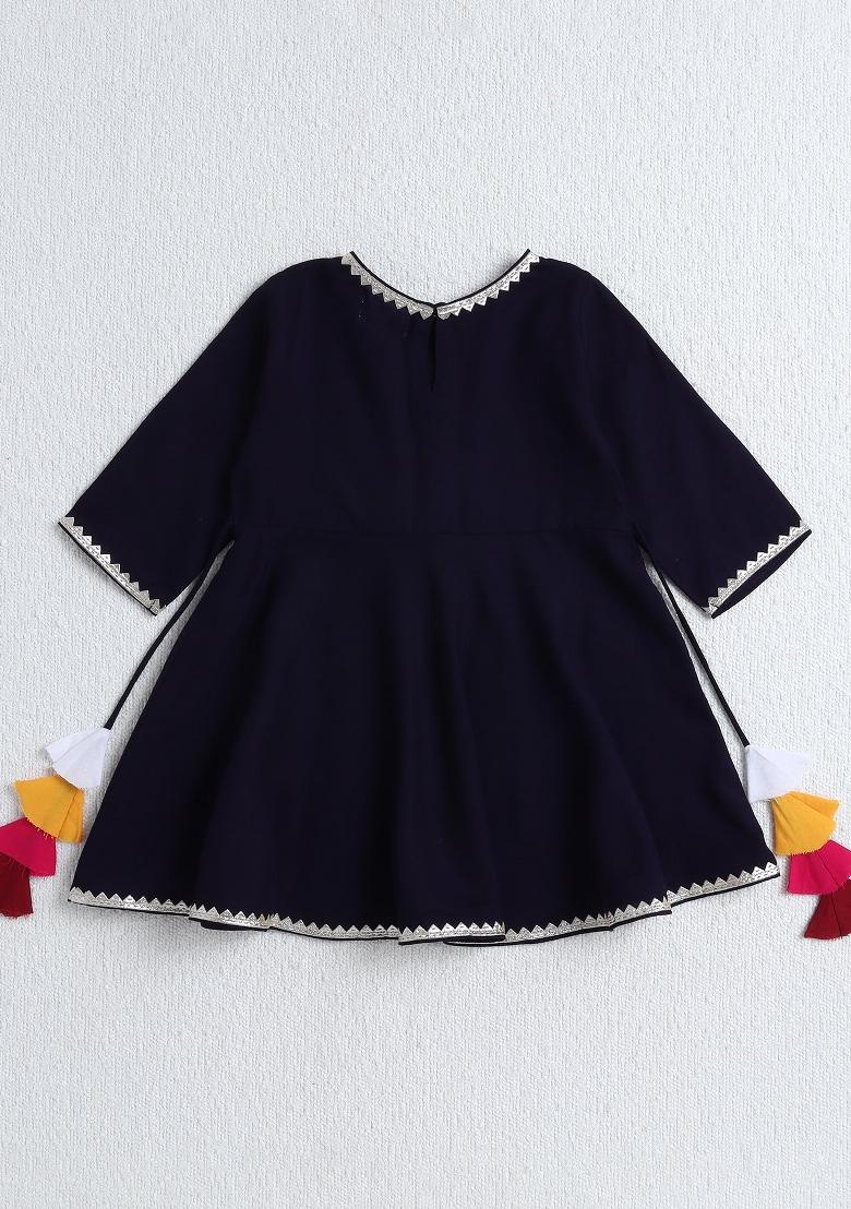 Navy Blue Solid Rayon Ethnic Set For Girls - Indya