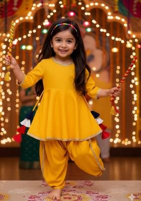 Yellow Solid Rayon Ethnic Set For Girls