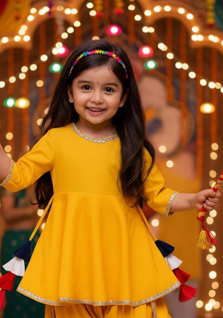 Yellow Solid Rayon Ethnic Set For Girls - Indya