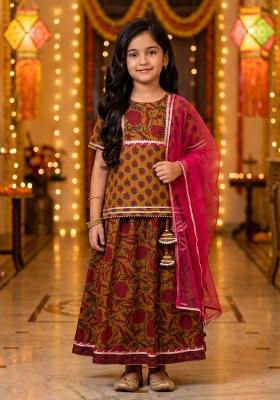 Mustard Printed Cotton Ethnic Set For Girls