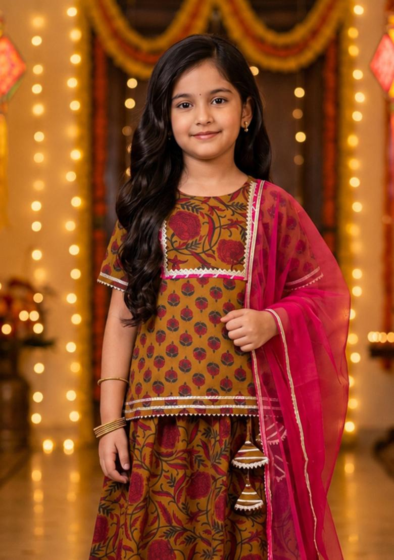 Mustard Printed Cotton Ethnic Set For Girls - Indya