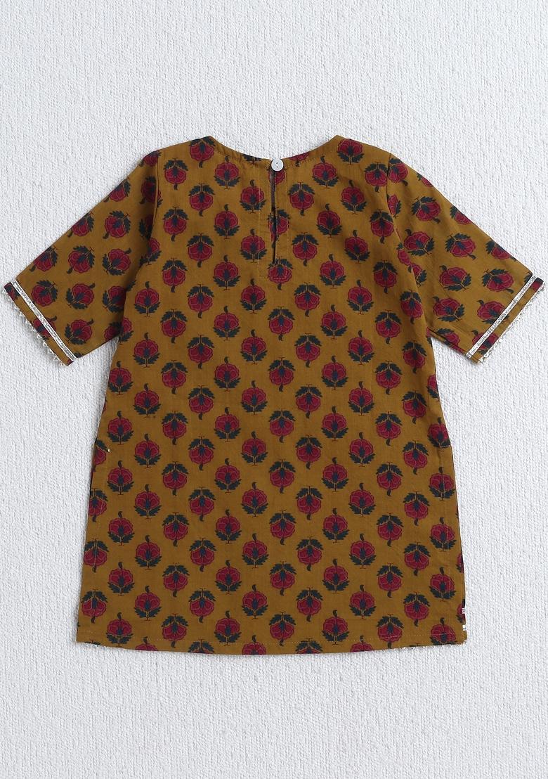 Mustard Printed Cotton Ethnic Set For Girls - Indya