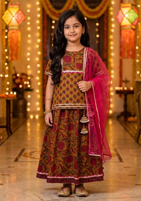 Mustard Printed Cotton Ethnic Set For Girls