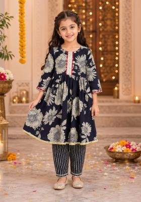Navy Blue Printed Cotton Ethnic Set For Girls