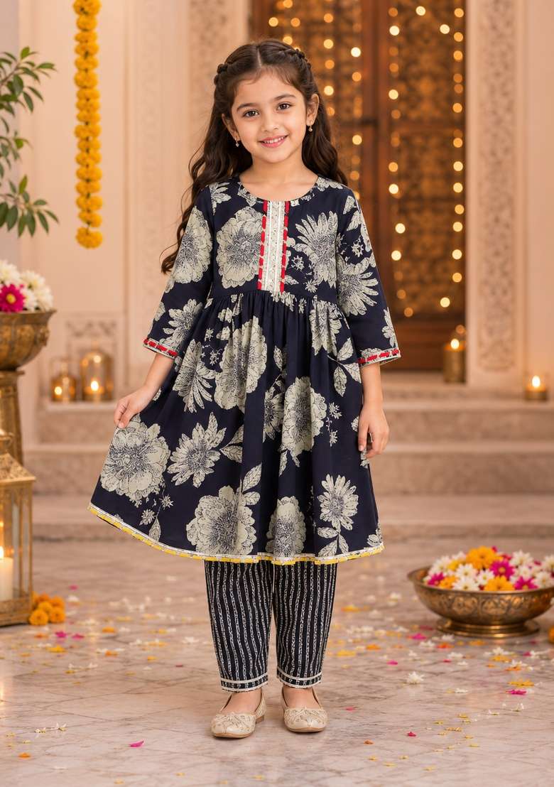 Navy Blue Printed Cotton Ethnic Set For Girls - Indya