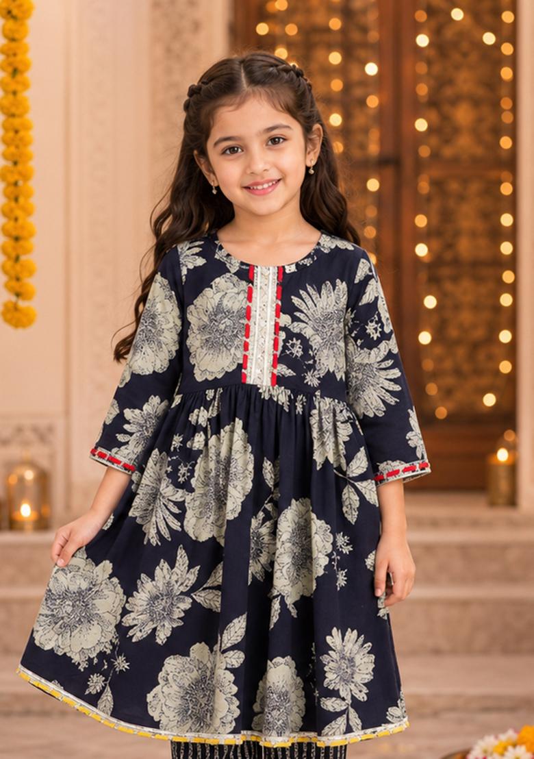 Navy Blue Printed Cotton Ethnic Set For Girls - Indya