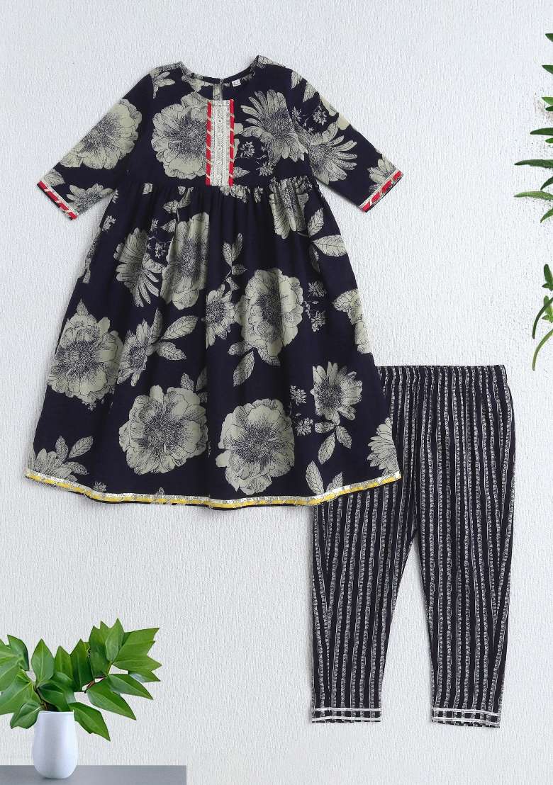 Navy Blue Printed Cotton Ethnic Set For Girls - Indya