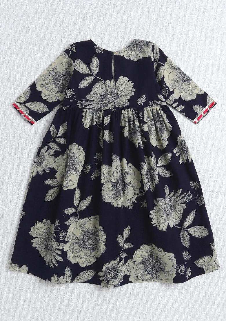 Navy Blue Printed Cotton Ethnic Set For Girls - Indya