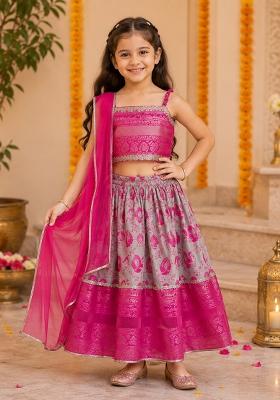 Fuchsia Printed Polyester Ethnic Set For Girls