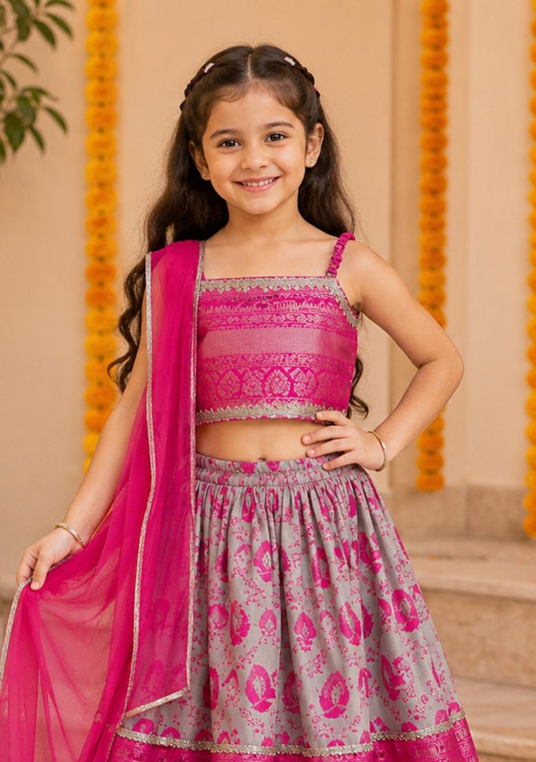 Fuchsia Printed Polyester Ethnic Set For Girls - Indya