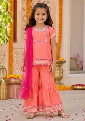 Peach Printed Polyester Ethnic Set For Girls