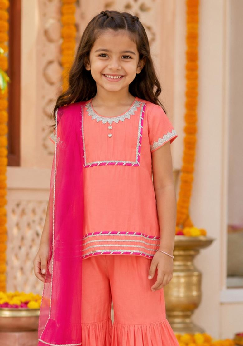 Peach Printed Polyester Ethnic Set For Girls - Indya