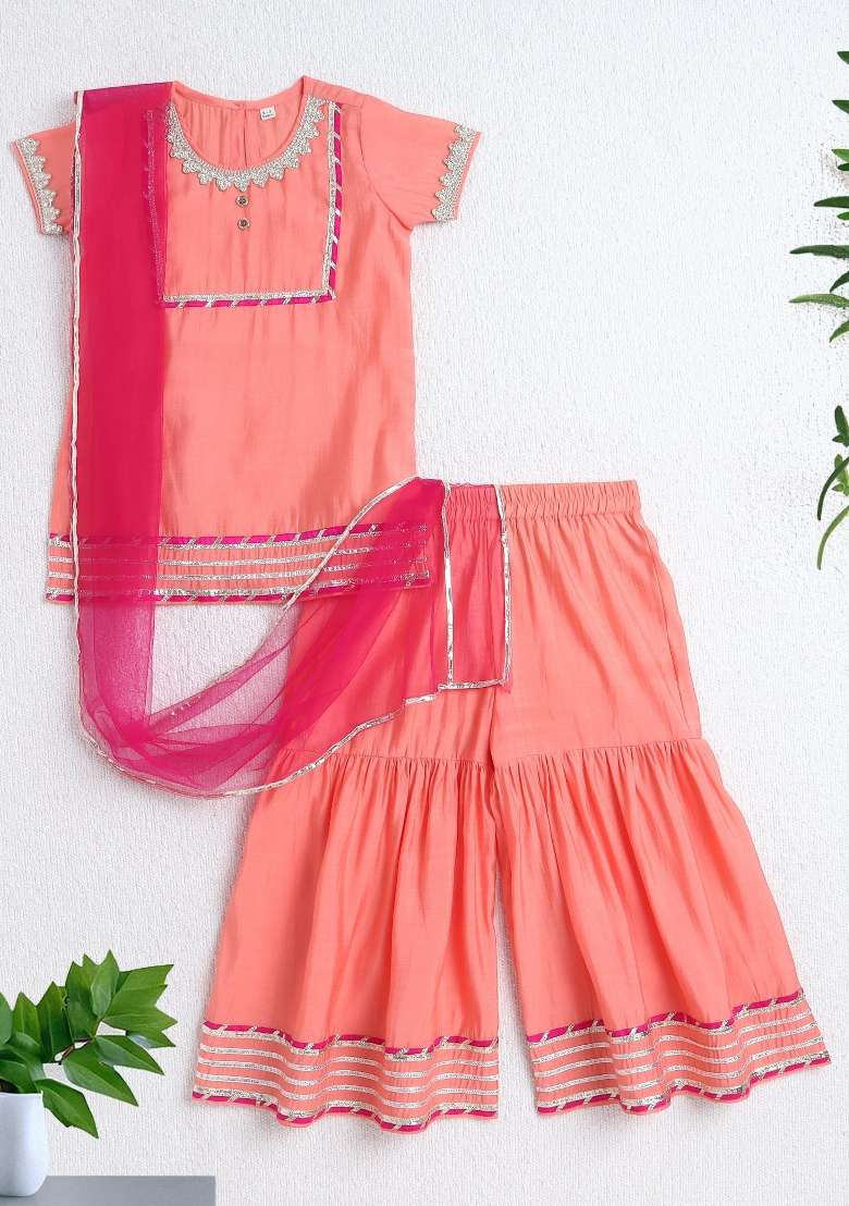 Peach Printed Polyester Ethnic Set For Girls - Indya