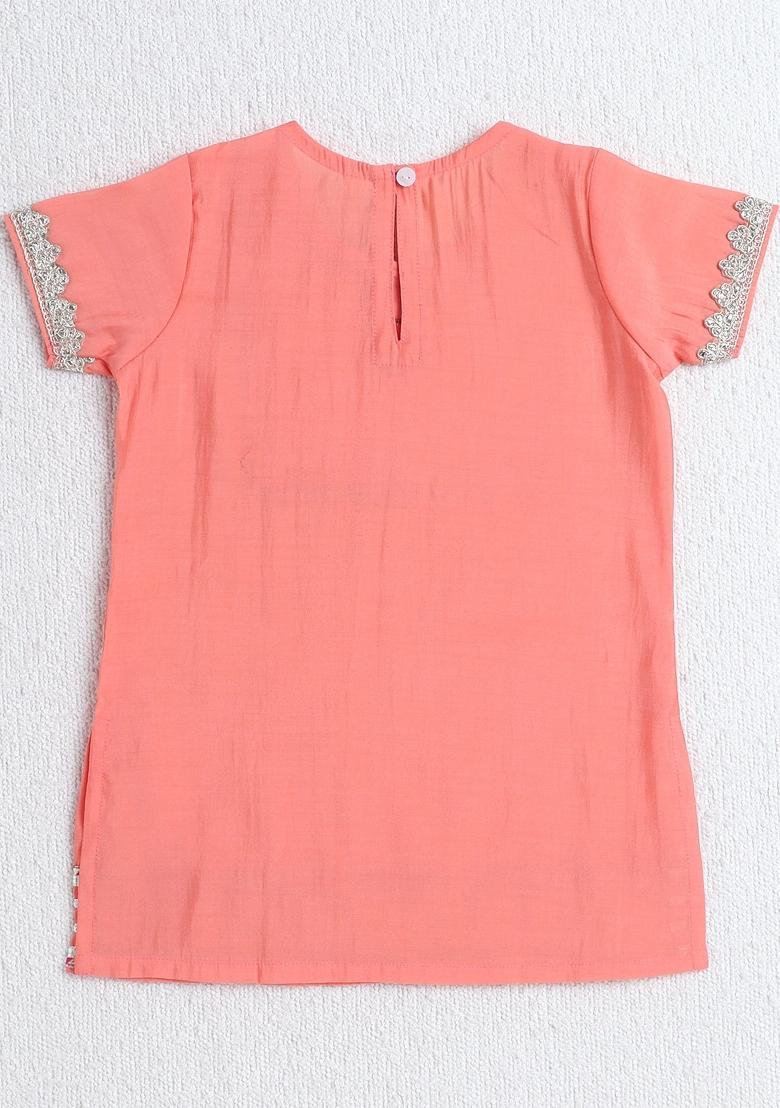 Peach Printed Polyester Ethnic Set For Girls - Indya