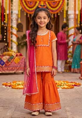 Orange Printed Polyester Ethnic Set For Girls