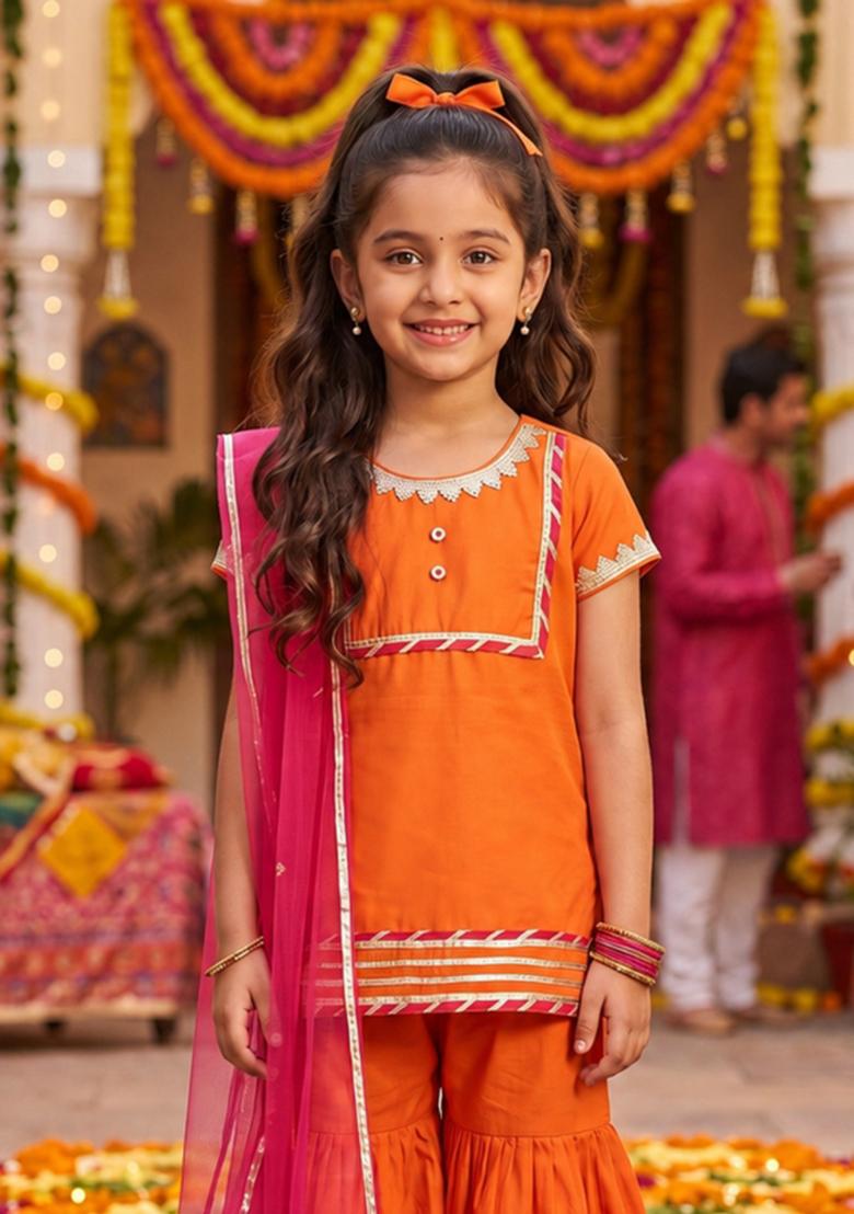 Orange Printed Polyester Ethnic Set For Girls - Indya