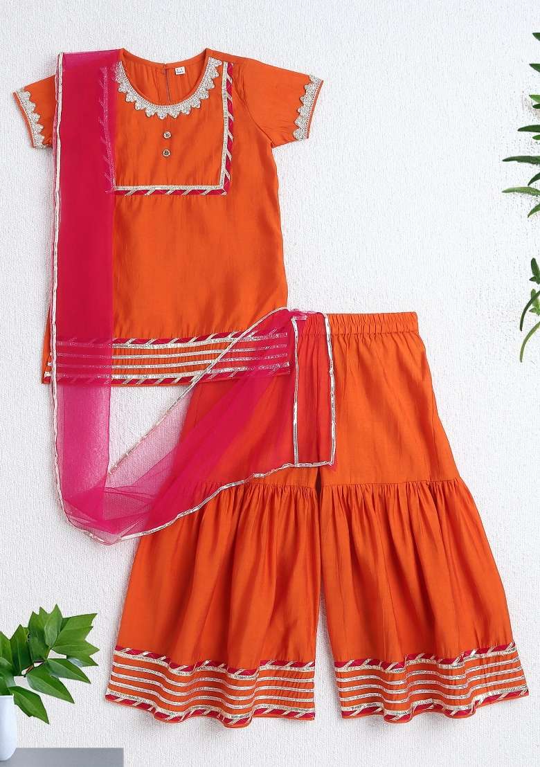 Orange Printed Polyester Ethnic Set For Girls - Indya