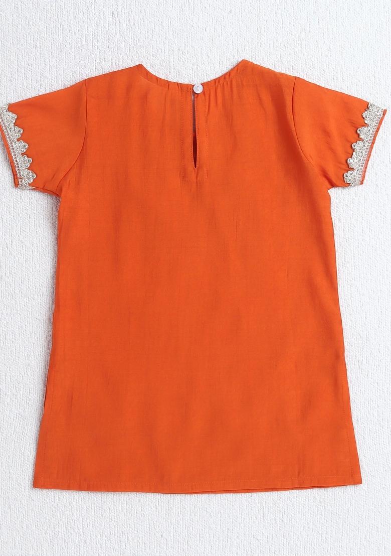 Orange Printed Polyester Ethnic Set For Girls - Indya