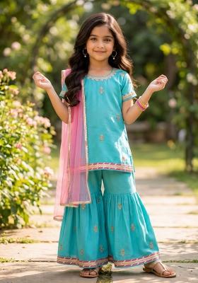 Aqua Blue Printed Polyester Ethnic Set For Girls