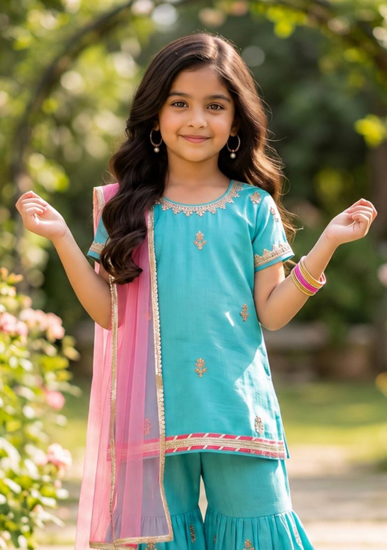 Aqua Blue Printed Polyester Ethnic Set For Girls - Indya
