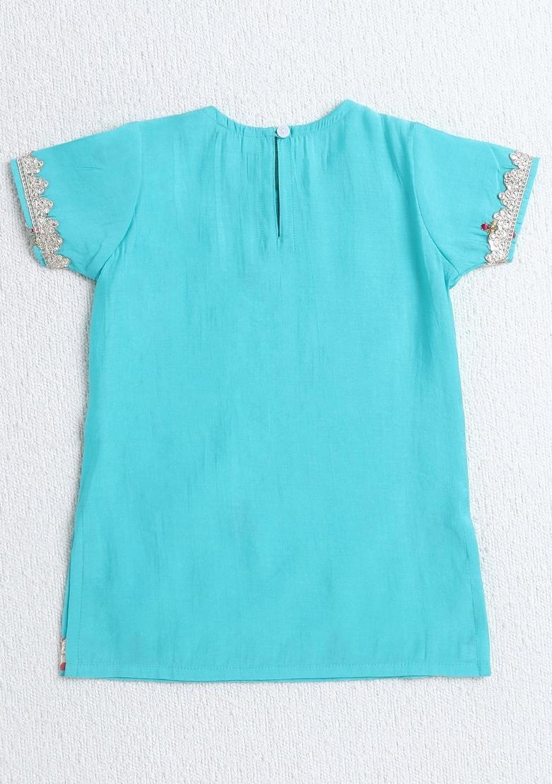 Aqua Blue Printed Polyester Ethnic Set For Girls - Indya