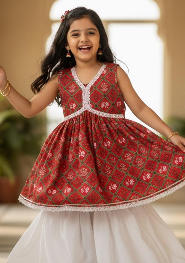Red Printed Polyester Ethnic Set For Girls - Indya