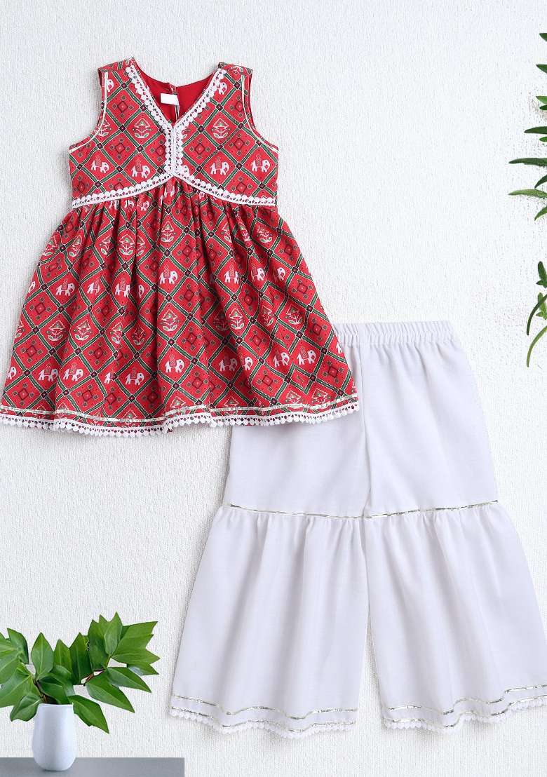 Red Printed Polyester Ethnic Set For Girls - Indya