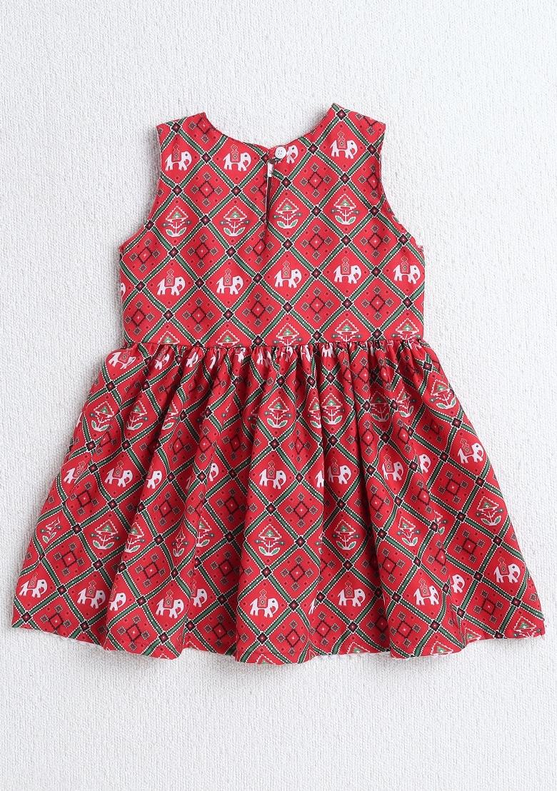 Red Printed Polyester Ethnic Set For Girls - Indya