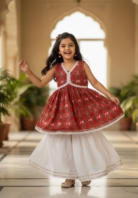 Red Printed Polyester Ethnic Set For Girls